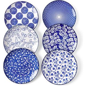 4 x Selamica Ceramic Dessert Plates Set of 6, 6 Inch Appetizer Plates for Kitchen, Microwave & Dishwasher Safe, Vintage Blue
