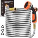 Metal Garden Hose 100 ft, Stainless Steel Water Hose 100ft with 10 Function Nozzle & 3/4 Copper Fitting, Heavy Duty & Flexible, Kink Free & Lightweight for Yard, Outdoor, Lawn, Patio & Car