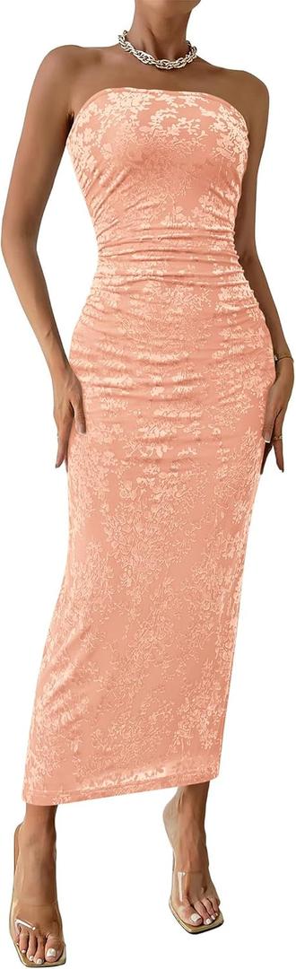 BTFBM Women's Summer Maxi Tube Dress Strapless Side Slit Long Floral Bodycon Dress Elegant Party Cocktail Dresses (XXL)