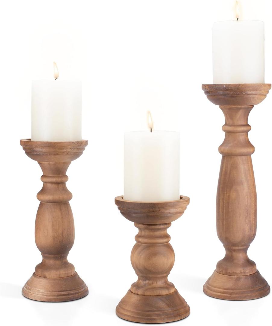 Rustic Wooden Pillar Candle Holders Set of 3, 12'' 9'' 6'' Farmhouse Wood Candle Stand for Table Centerpieces, Vintage Tall Candleholders Fireplace Mantel Decor for Living Room, Brown