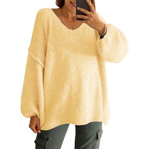 Saodimallsu Womens Oversized V Neck Sweaters Chunky Knit Lantern Long Sleeve Fall Winter Slouchy Tunic Sweater Tops (Yellow, L)