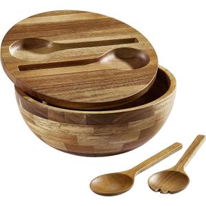 Acacia Wooden Salad Bowl with Lid, Built-in Acacia Wood Utensils, 10.5" Large Wood Serving Bowls for Fruits, Salad, and Vegetables, Big Wood Salad Bowls Set 4-Piece, All-in-One Design