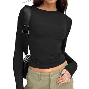 Trendy Queen Womens Long Sleeve T Shirts Fall Fashion 2026 Basic Crop Tops Going Out Workout Outfits Y2k Clothes Black M