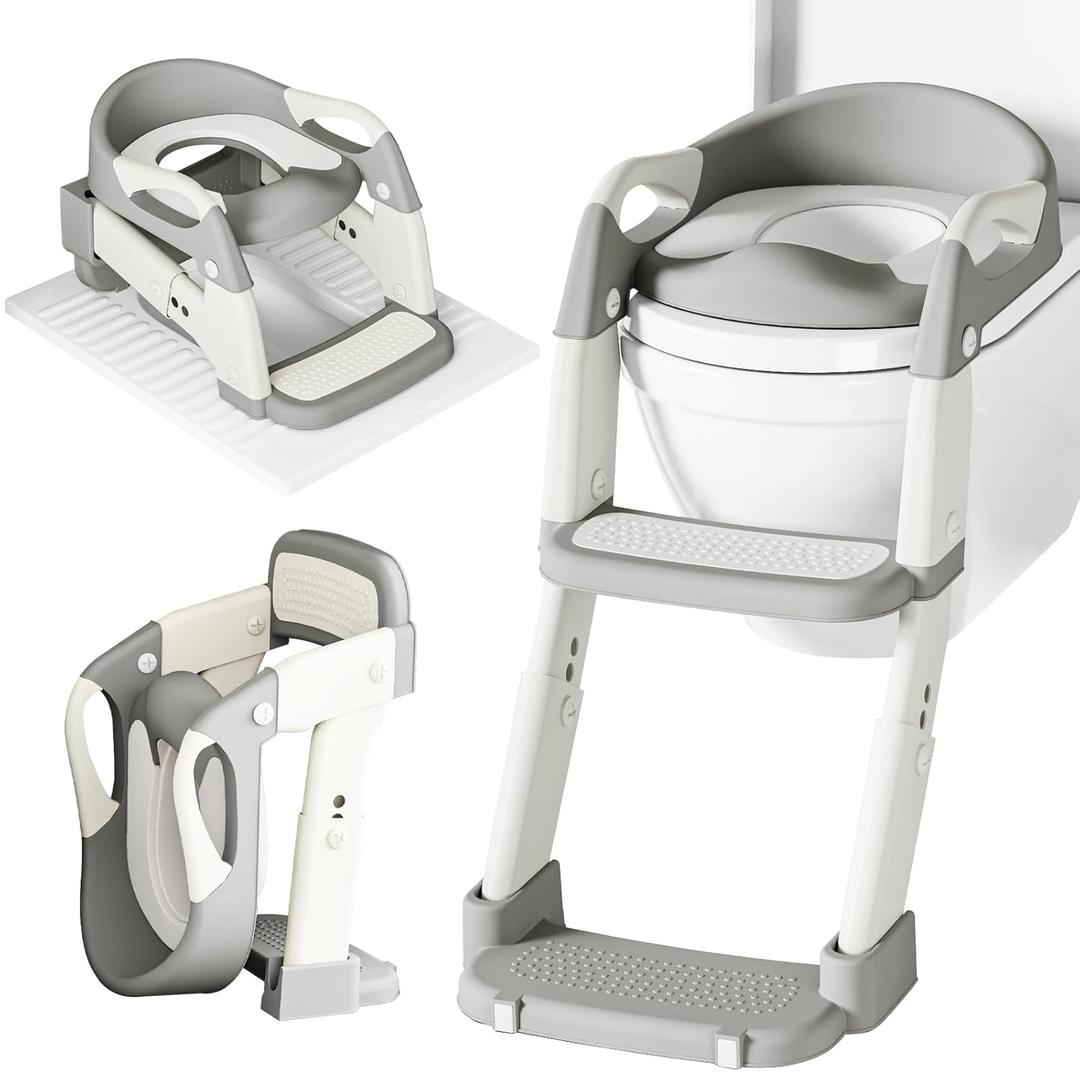 Potty Training Seat 3-in-1 Toddler Toilet Ladder (Toilet, Ladder, Squatting Aid) for Children Boys Girls with Removable Cushion, Anti-Splash & Foldable Design - Grey
