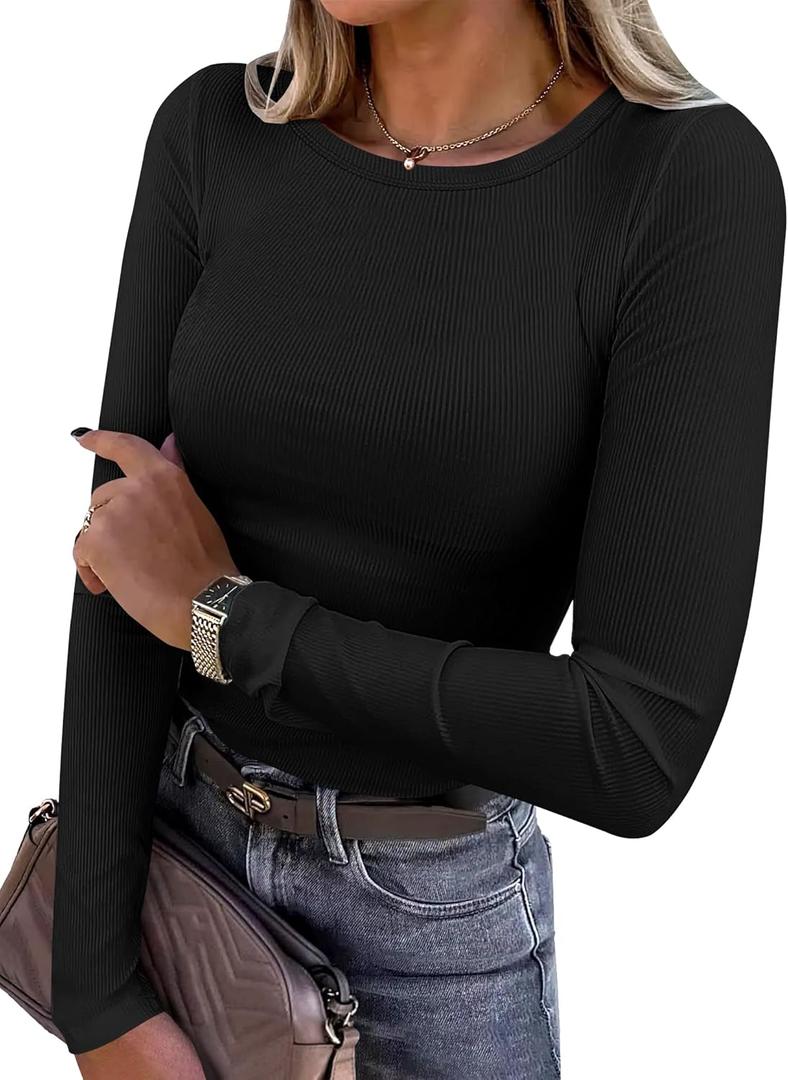ANRABESS Women Long Sleeve Shirts Rib Knit Slim Fit Tops Basic Tee Spring Outfits Casual T-Shirt Underscrubs Layer Clothes (Black, L)