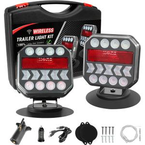 Wireless Magnetic Trailer Lights Kit, Rechargeable LED Tail Lights for Towing Truck RV Camper Boat Caravan, IP67 Waterproof Tow Turn Signal Taillights with Reverse Backup Brake Stop Blinkers (black)