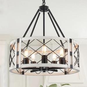 Rustic Farmhouse Chandelier, 19.8 inch 5-Light White Round Dining Room Lighting Fixtures Hanging Pendant Lighting for Kitchen Island Entryway Foyer Bedroom Hallway