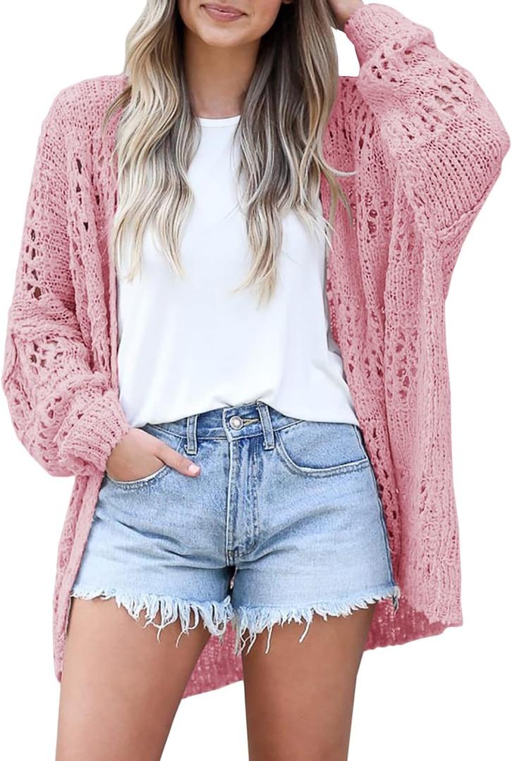 Mafulus Women's Crochet Cardigan Kimono Boho Long Sleeve Lightweight Soft Oversized Open Front Knitted Sweater (Large, Pink)