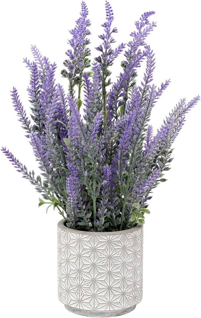 DILATATA Lavender Flowers Artificial Decor in Cement Pot - Faux Plants for Rustic Home, Bathroom, Table Centerpieces, Wedding Decor - Purple Potted Lavender Flower