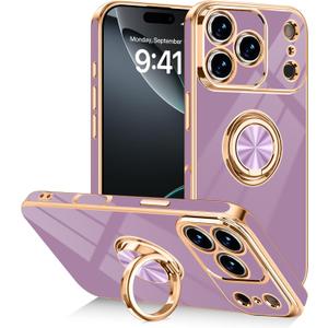 Designed for iPhone 17 Pro Case with Ring Stand, 360 Rotatable Holder Support Magnetic Car Mount Soft TPU Plating with Full-Covered Lens Protection Phone Case for iPhone 17 Pro Purple