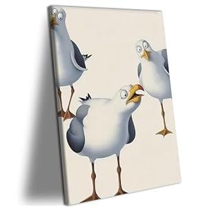 RJETZMU Funny Seagull Canvas Wall Art, Humorous Coastal Cartoon Bird Picture Print, Gallery Wrapped Beach Wall Decor for Bathroom, Living Room, Bedroom, Kids Room or Office, 16x24 Inch Ready to Hang