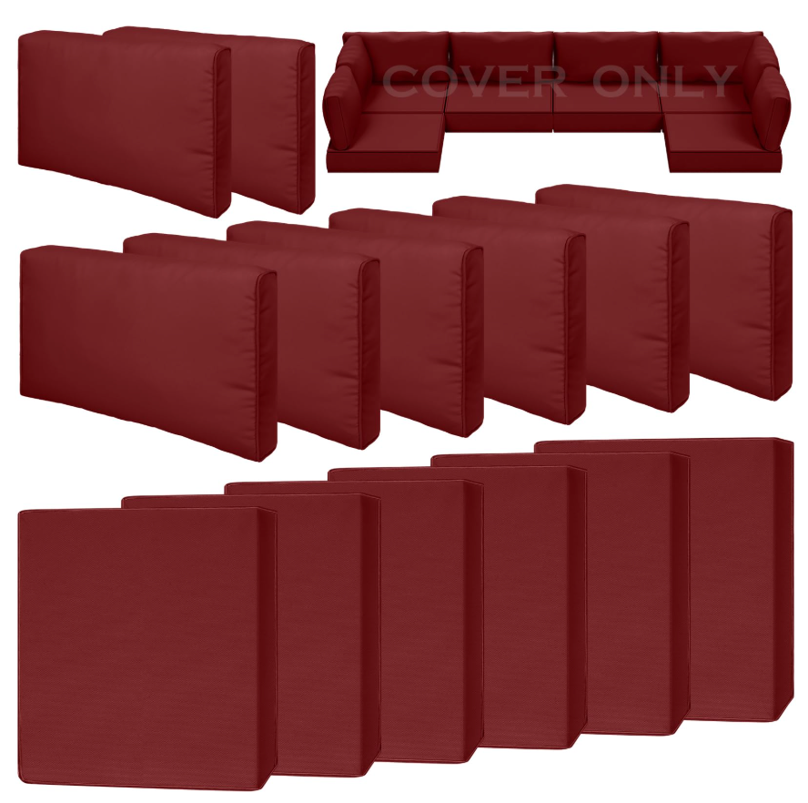 Cethytirko 14 Piece Outdoor Patio Waterproof Cushion Covers, Fits 6-Seat Wicker Rattan Sectional Couch Chair Furniture Cover Replacement Set - Fade-Resistant Patio Cushion Covers with Zipper, Red, 25.6*25.6*4 inches