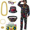 9pcs 80s 90s Outfit for Men 80s Costumes Rapper Track Suits with Hip Hop Accessories for 90s Themed Party (XL)