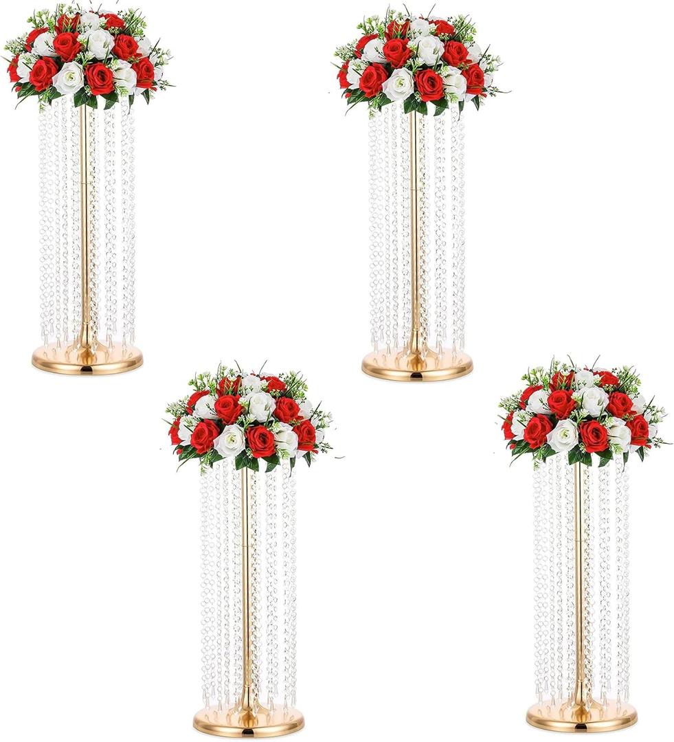 LANLONG 27.5in Flower Stand for Wedding Centerpieces for Tables - Metal Tall Floor vase with Acrylic Crystal, 4Pcs Gold Vases for Centerpieces Wedding Party Event, Birthday Home Decorations