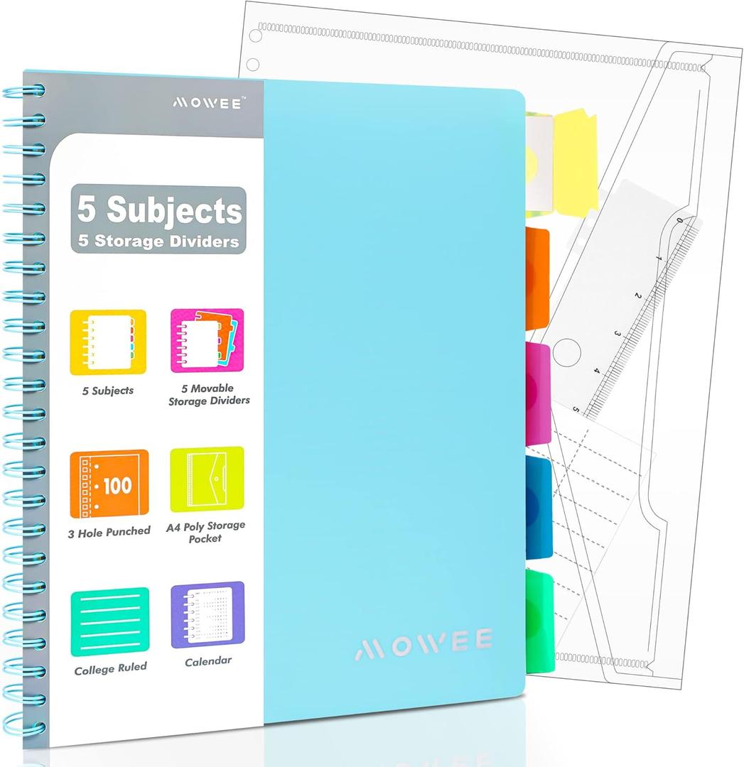 Spiral Notebook - 5 Subject Notebook, College Ruled Notebook 3-Hole Punched With Dividers, Storage Pockets, 11" Ruler, 200 Pages, for Writing Journal, Home &Office, School Supplies, A4, Baby (Navy) Spiral Notebook - 5 Subject Notebook, College Ruled Notebook 3-Hole Punched With Dividers, Storage Pockets, 11" Ruler, 200 Pages, for Writing Journal, Home &Office, School Supplies, A4, Baby (Navy)