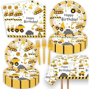 51 Pcs Construction Birthday Party Supplies Dump Truck Tablecloth Paper Plates Napkins Forks Dinnerware for Construction Baby Shower 1st 2nd 3rd 4th Birthday Party Supplies Decorations