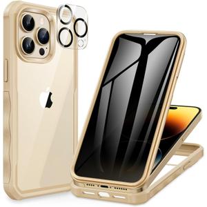 CENHUFO Privacy for iPhone 14 Pro Max Case, Full Body Phone Case with Built-in 9H Tempered Glass Privacy Screen Protector and Camera Lens Protector, Anti Peep Shockproof Bumper Clear Cover - Beige