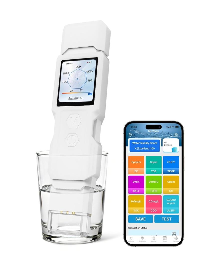 9-in-1 Smart Water Tester with APP Monitoring, Digital Water Test Kit for Turbidity, TDS, EC, Temp, Salt, GH, TOC, COD & UV275, Professional Water Tester for Drinking Water, Well, Tap & Outdoor.