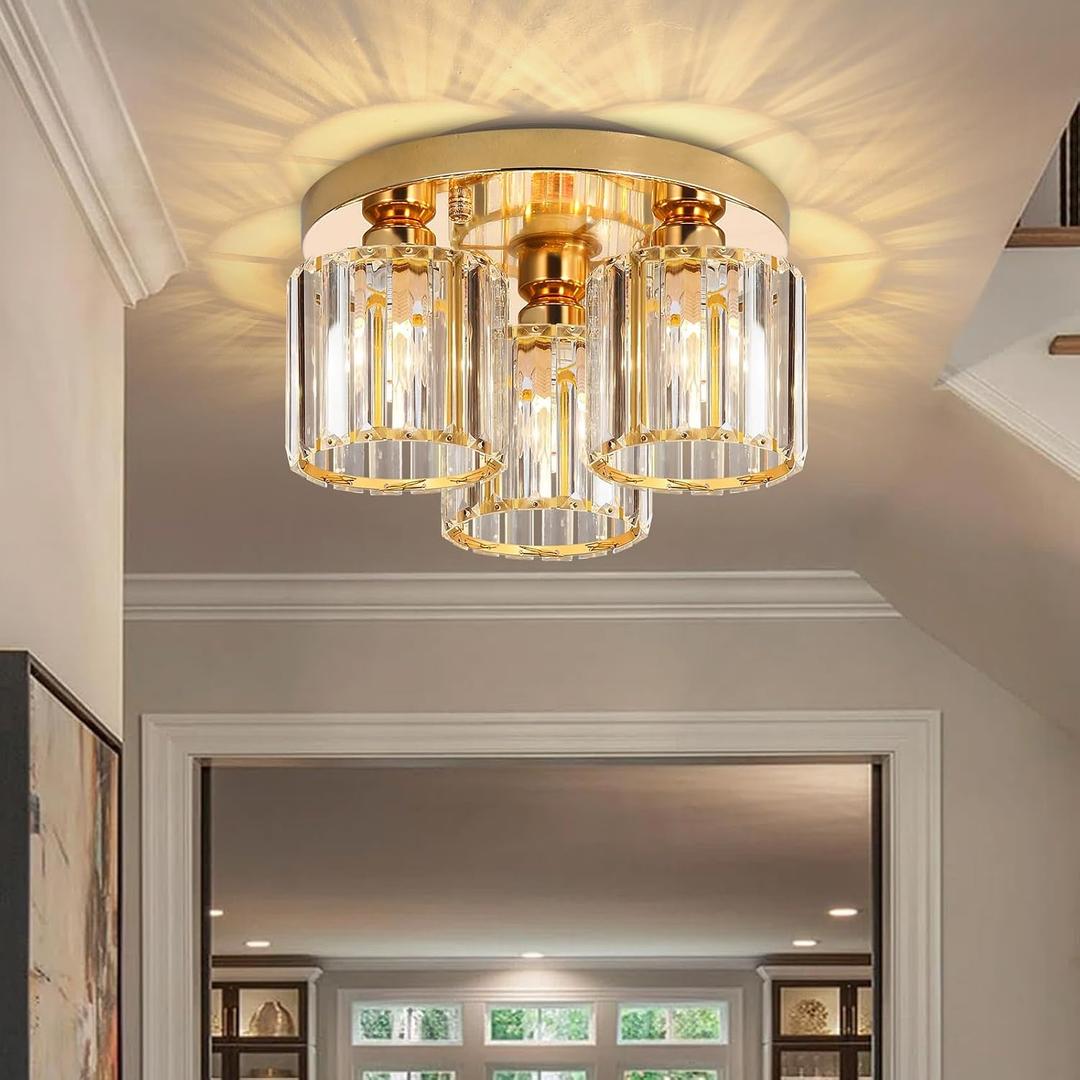Gold Glam Chandelier Crystal Ceiling Light for Bedroom Lighting Fixtures LED Drum Light for Dining Room Kitchen Entrway Foyer