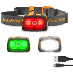 EverBrite Rechargeable Headlamp 350 Lumens, Red Green White Light & Tail Light, 7 Modes with Memory Function, Stepless Dimming, 30 Adjustable Head Lamp for Trail Running, Camping, Hunting (Orange)