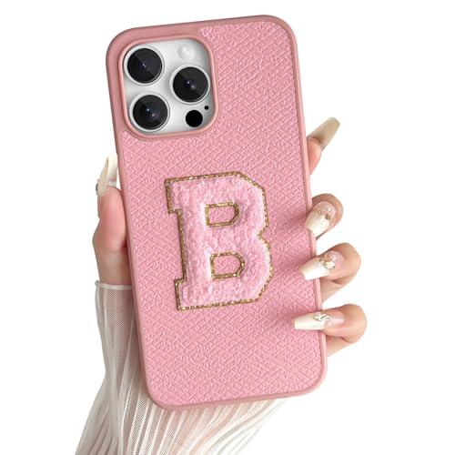 Skyseaco for iPhone 15 Pro Max Case Aesthetic Monogram Phone Case with Pink Leather Embroidered Letters Shockproof Protective Cover for Women Girls, Initial B Pack of 2