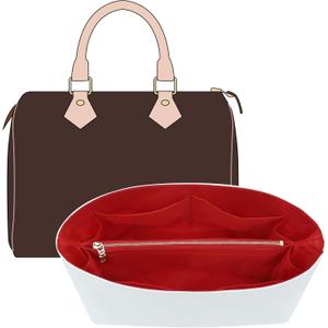 Purse Organizer Insert Compatible with lv Speedy 25/Monogram Bags and More, Light Waterproof DupontPaper Bag Insert Shaper Protector for Women Tote Handbags, 11 Pockets with Zip(White&Red, M)