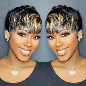 VCK Short Human Hair Wigs for Black Women Short Layered Black and Blonde Color Pixie Cut Wigs for Women Brazilian Remy Human Hair Summer Wig Glueless Full Machine Made