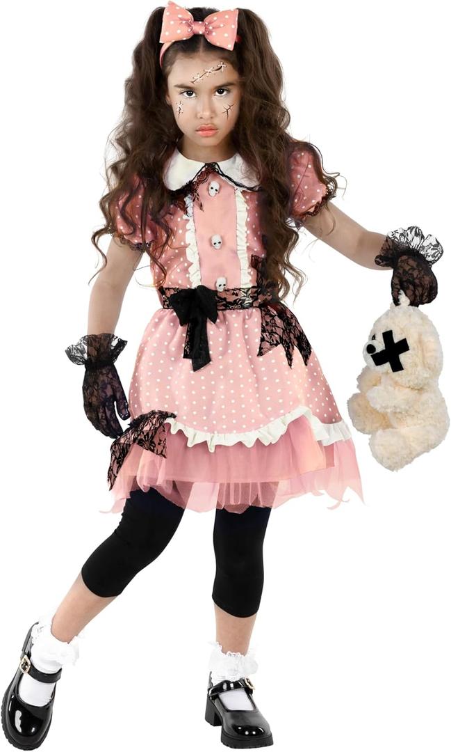 Morph Broken Doll Costume Girls - Creepy Doll Costume for Kids Girl - Scary Halloween Costumes for Girls Kids Cracked Dolls (Large)