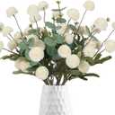 Fake Kiku Flowers,8 Stems Artificial Mum Flower with 3 Branches Eucalyptus Stems White Faux Flowers Silk Pom Pom Balls for Wedding Bouquet Home Office Party Floral Arrangements(White)