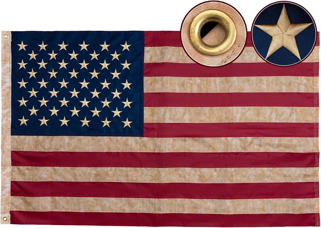 Vintage Embroidered American Flag 3x5 Ft for Outside Heavy Duty Tea Stained USA Flags with 2 Brass Grommets, Antiqued United State Flag Rustic Old Style for 4th of July 250th Anniversary