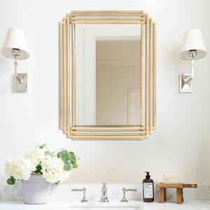 Gold Rectangle Mirror, 24"x18" Modern Vanity Wall Mirror with Metal Mirror, Geometric Art Deco Mirrors for Living Room Bathroom Bedroom Entryway Hallway, Hangs Vertically or Horizontally