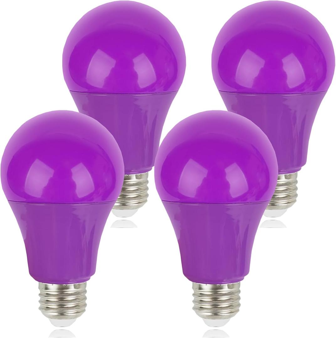 Purple Light Bulbs 4 Pack - Colored Light Bulb Indoor Halloween Decor 9W (60W Equivalent) A19 E26 Base Led Lightbulbs for Outdoor Porch, Bedroom, Christmas Party Decoration, Holiday Lighting (Purple)