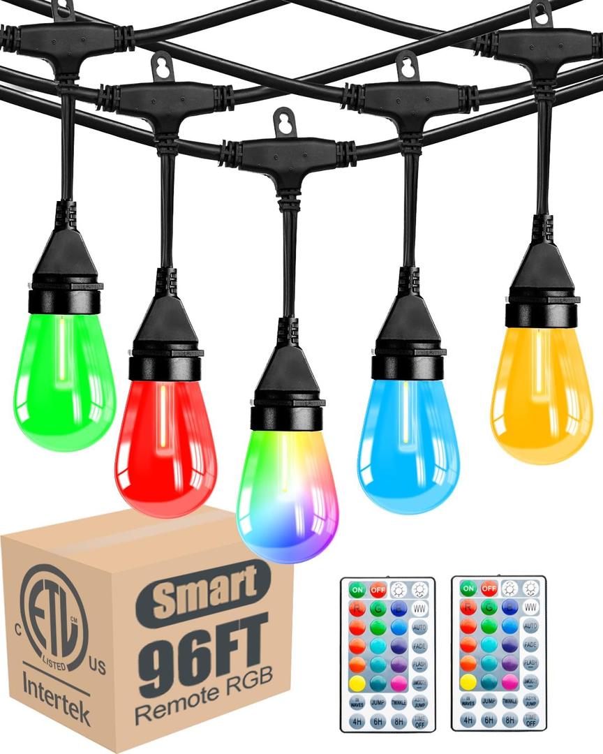 Lightdot 96FT Outdoor RGB String Lights, Dimmable Color Changing Waterproof LED Patio Lights with Remote Control,Commercial Grade Hanging Light for Patio Cafe Bistro Backyard- ETL Listed