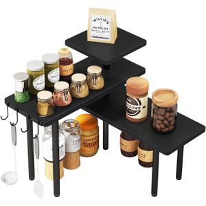 IBUYKE Countertop Organizer,3-Tier Spice Racks,Kitchen Counter Corner Shelf,4 Side Hooks,Adjustable Countertop Shelf for Kitchen, Bathroom, Coffee Bar, Cabinet, Desk,Black,TLJ023B (1 pack (Improved))