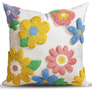 Throw Pillow Covers 18x18 - Tufted Decorative Pillow Cover with Zipper for Couch Sofa Bed Living Room Aesthetic Cute Soft Spring Summer Farmhouse Indoor Pillowcase, Five Color Flower