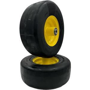 Set of 2-13x5.00-6 Flat Free Yellow Lawn Mower Wheel Assembly - 5/8 Inch Hub
