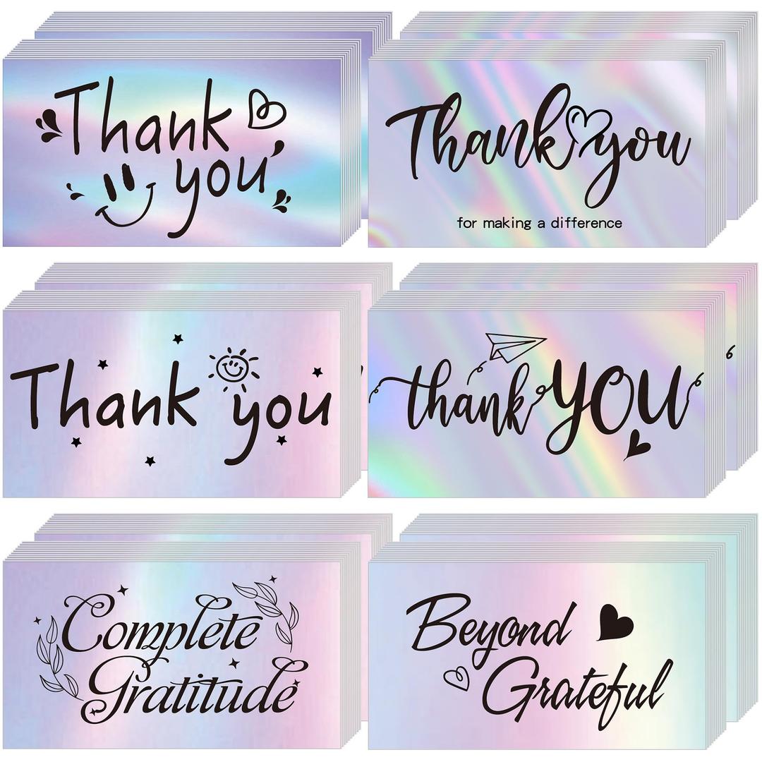 Thank You Cards Small Business, 120 Pcs Business Thank You Cards Bulk, 6 Styles Small Blank Greeting Appreciation Card, Holographic Thank You Notes for Business Customer Teacher Wedding Baby Shower