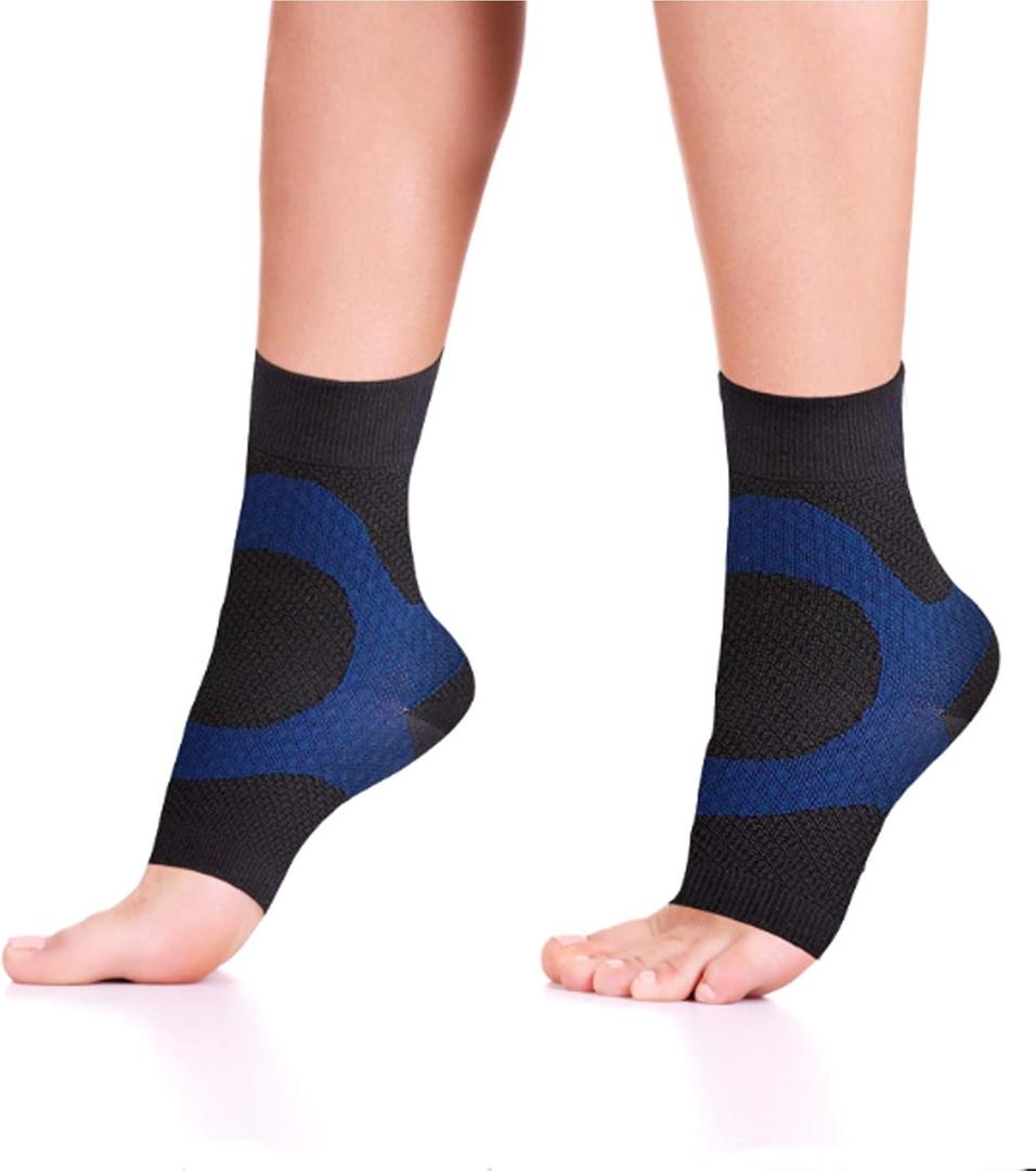 Wanderlust Plantar Fasciitis Sleeves - Open Toe Compression Socks With KT Tape (Blue, L)