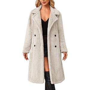 Angashion Women's Fuzzy Fleece Lapel Open Front Long Cardigan Coat Faux Fur Warm Winter Outwear Jackets, Light Beige, Size Large