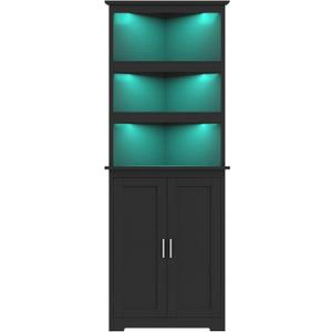 TEENFON Tall Corner Cabinet with LED Lights, Gothic Style Corner Storage Cabinets with Doors, 5-Tier Bathroom Cabinet, Living Room, Dining Room, Black