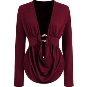 SOLY HUX Women's Plus Size Ruched Cowl Neck T Shirt Long Sleeve Asymmetrical Party Club Tops (Pure Burgundy. Large)