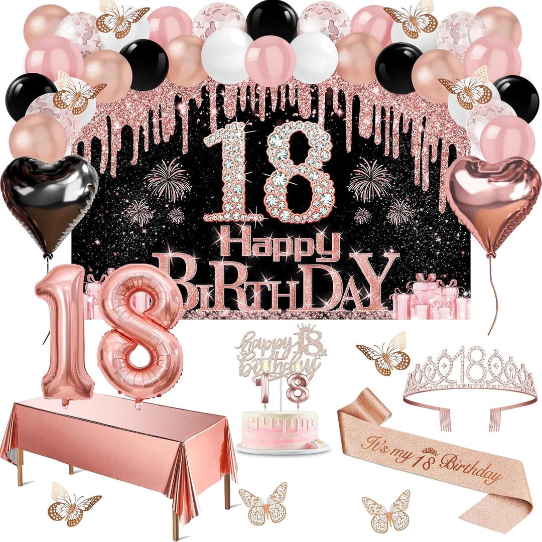 18th Birthday Decorations for Girls, 49pcs Black Rose Gold Black Banner, Tablecloth, Butterfly Decor, 18th Birthday Sash and Tiara, Cake Topper, Candles, Balloons Arch
