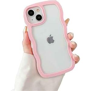 Clear Case for iPhone 13/14 6.1 Inch, Cute Transparent Curly Wave Frame Aesthetic Design Soft TPU Bumper Case, for Women Girls Slim Shockproof Protective Phone Case, Pink