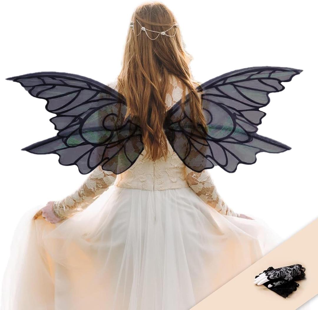 YKW Butterfly Fairy Wings for Adults, Fairy Wings for Women Accessories, Ideal for Cosplay, Halloween and Dress-Up Parties (Black)