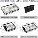 MAJALiS Expandable Stainless Steel Over The Sink Dish Drying Rack for Small Kitchen Counter Space Saving, Compact RV Plate Drainer Strainer in Black Wire Metal with Hanging Adjustable Utensil Holder