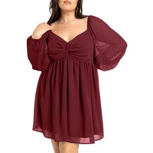 SCOMCHIC Women's Plus Size Puff Long Sleeve Dresses Sweetheart Neckline A Line Short Wedding Guest Cocktail Dress (Burgundy) 2XL