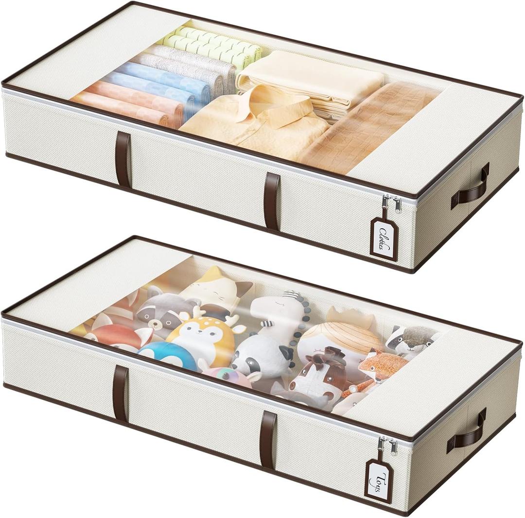Yecaye Under Bed Storage Containers, 24L Closet Organizers and Storage Bins, 2 Pack Foldable Under Bed Storage Bags with Clear Window & 3 PU Leather Handles for Clothes, Blankets, Comforter, Beige (Small)