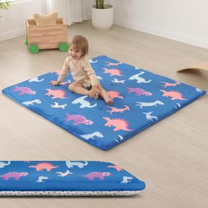 Baby Play Mat for Floor,1.3" Thick Cushioned Playpen Mat 50"x50",Extra Soft Elasti-Foam,Water Repellent Coral Velvet,Non-Slip for Crawling&Tummy Time,Infant Toddler Kids Nursery Rug(Dinosaur) (Dinosaur-Navy Blue)