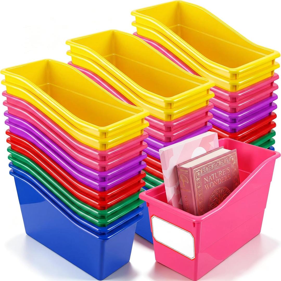 Teling 36 Pcs Book Bins Bulk for Classroom Storage Plastic Magazine Holder with Label Interlocking File Folder Organizer Binder Container Box for School Office Desktop Bookshelf Home (Rainbow Bright), 
Product Dimensions	19.09"L x 18.9"W x 13.39"H