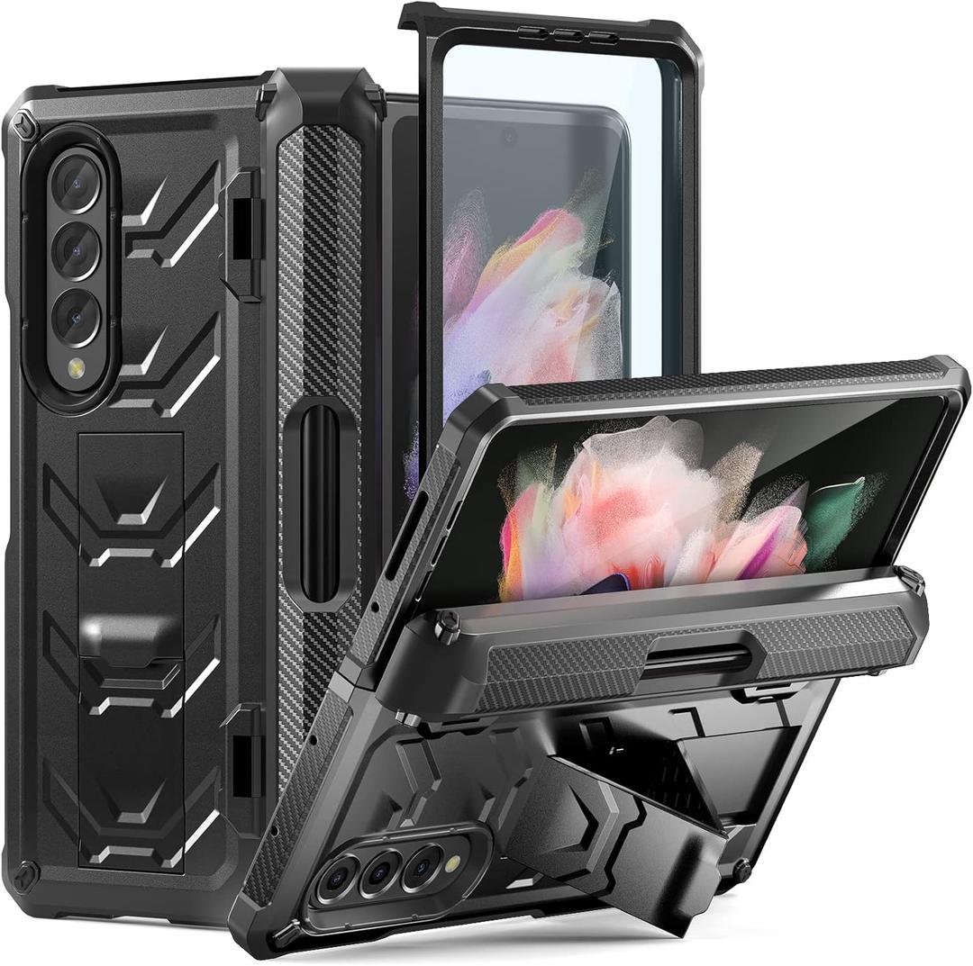FONREST Rugged Case Armor for Samsung-Galaxy-Z-Fold-3 w/ Built-in [Kickstand] [S Pen Holder] [Screen Protector] [Hinge Protection], Heavy Duty Shockproof Protective Cover NOT FIT Z Fold 4/2 (Black)